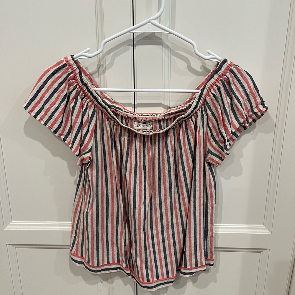Red, white & blue striped short sleeve madras cropped blouse